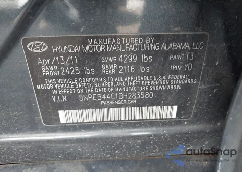 2011 Hyundai Sonata Gls from USA, damaged, VIN 5NPEB4AC1BH283580